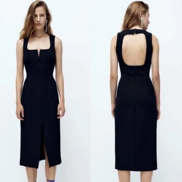 NWT Zara Square Neck Fitted Midi Dress - Picture 1 of 17